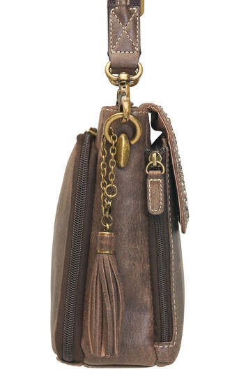 Gun Tote'n Mamas Distressed Buffalo Leather Shoulder Clutch in Brown with tassel detail